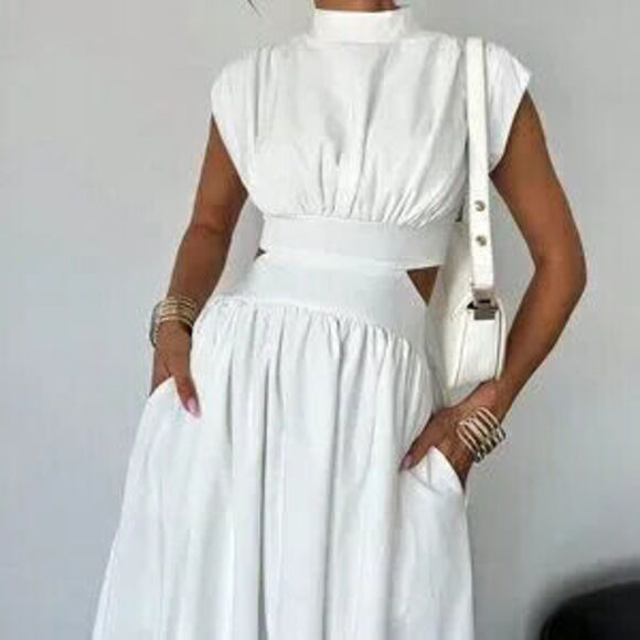 Dresses & Skirts - White Elegant Women's Hollow Pocket Cinched Waist Casual Midi Dress